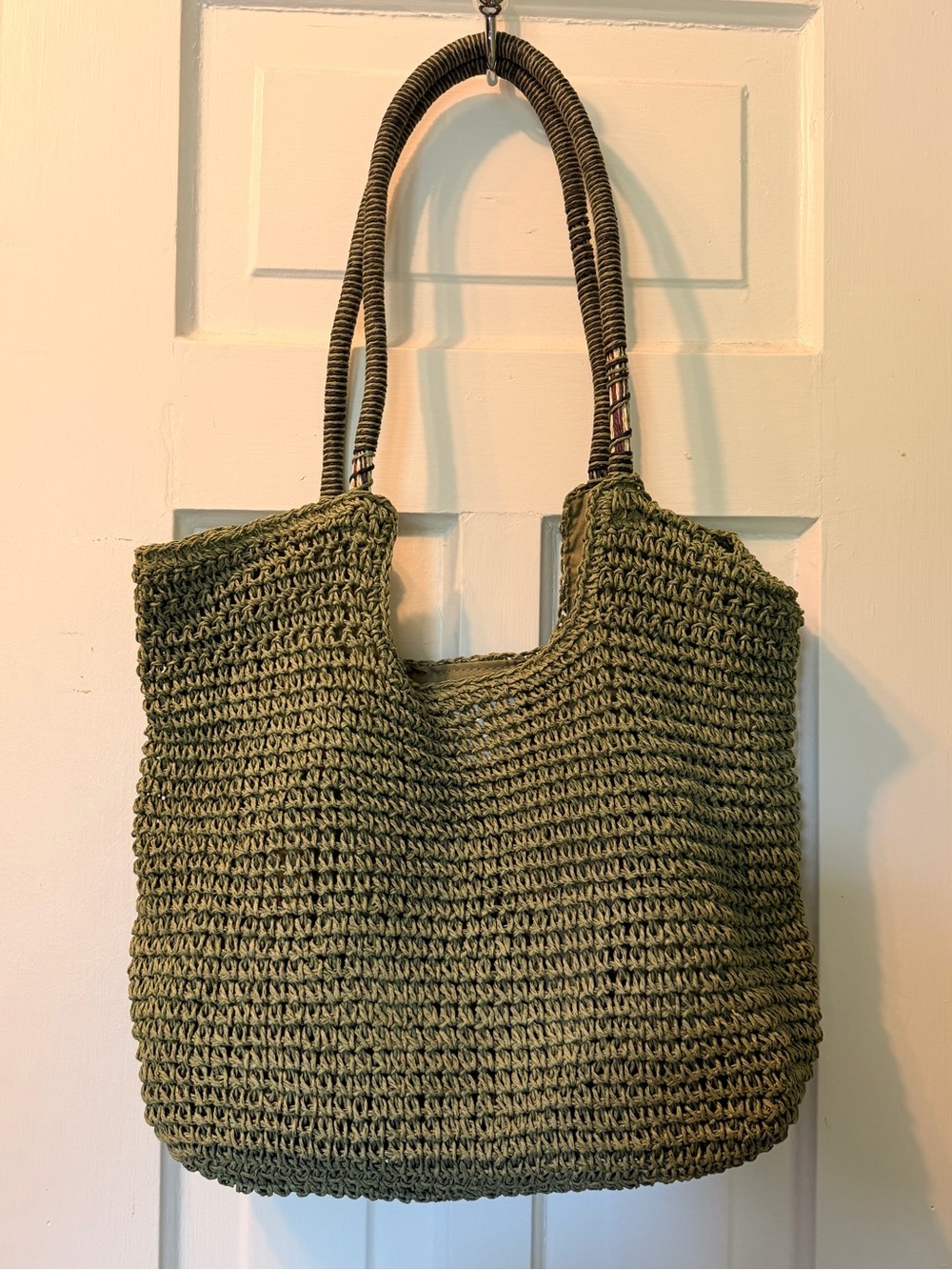 Olive Woven Tote Bag with Wrapped Handles